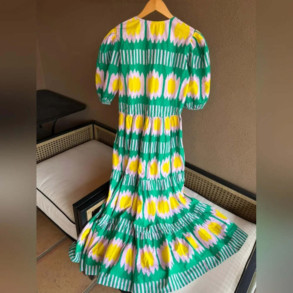 Oliphant Vibrant Green and Yellow  Puff Sleeve Maxi Dress 100% Cotton